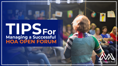 A woman with her back turned, giving a presentation with the words "Tips for Managing a Successful HOA Open Forum"